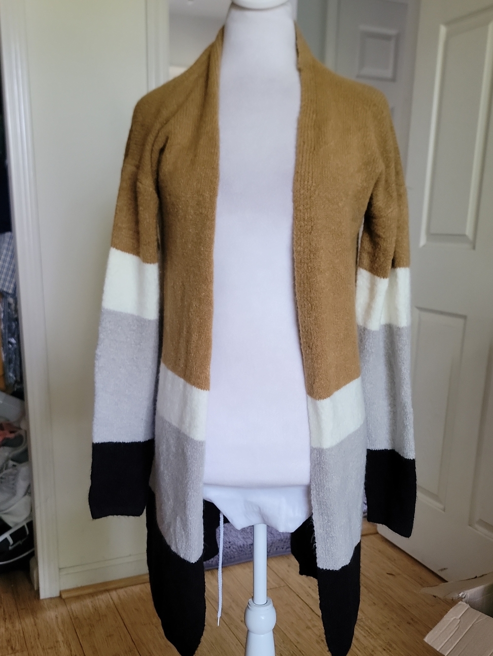 Love By Design Colorblock Open-Front Cardigan in Mustard, Gray, Black & Cream